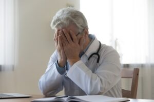 Frustrated doctor covering face with hands. Who can file a wrongful death lawsuit?