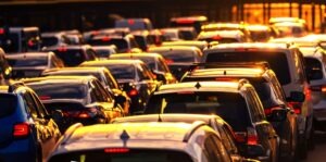 Cars sit in heavy game traffic on a road. Large sporting events can push traffic into nearby streets and highways, increasing congestion and crash risks.