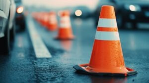 Close-up image of a traffic cone on a dangerous road that’s wet and slick