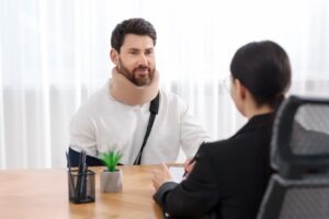 A lawyer talking to a man wearing a neck brace and a sling and explains what a pedestrian accident lawyer does in Texas.